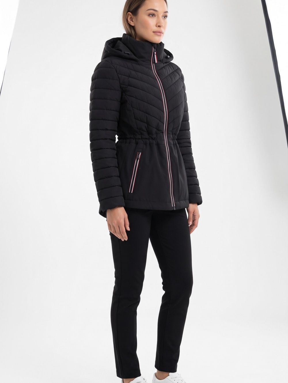 Tommy Hilfiger Black Quilted Hooded Puffer Jacket with Contrast Zippers
